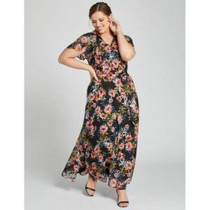 NEW LANE BRYANT BLACK FLORAL FLUTTER TEXTURED MAXI DRESS SZ 24